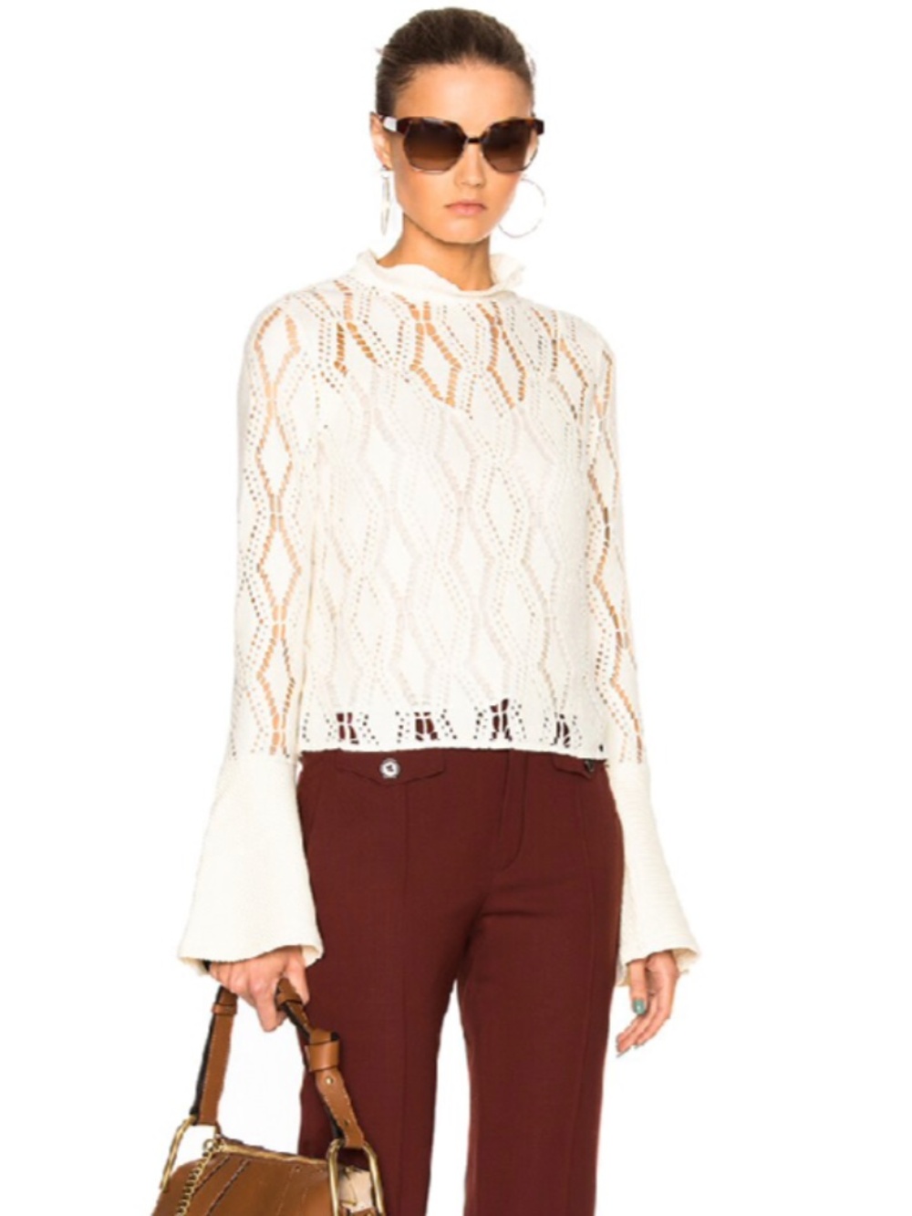 See by Chloe Bell Sleeve Crochet Open Knit Sweater Ivory XS
